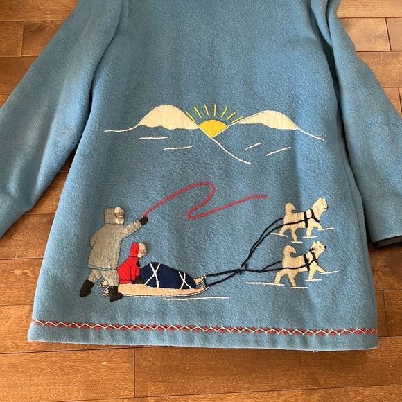 Vintage James Bay Fur Trim Hood Dog Sled Theme Wool Coat Blue Parks - Picture 8 of 14